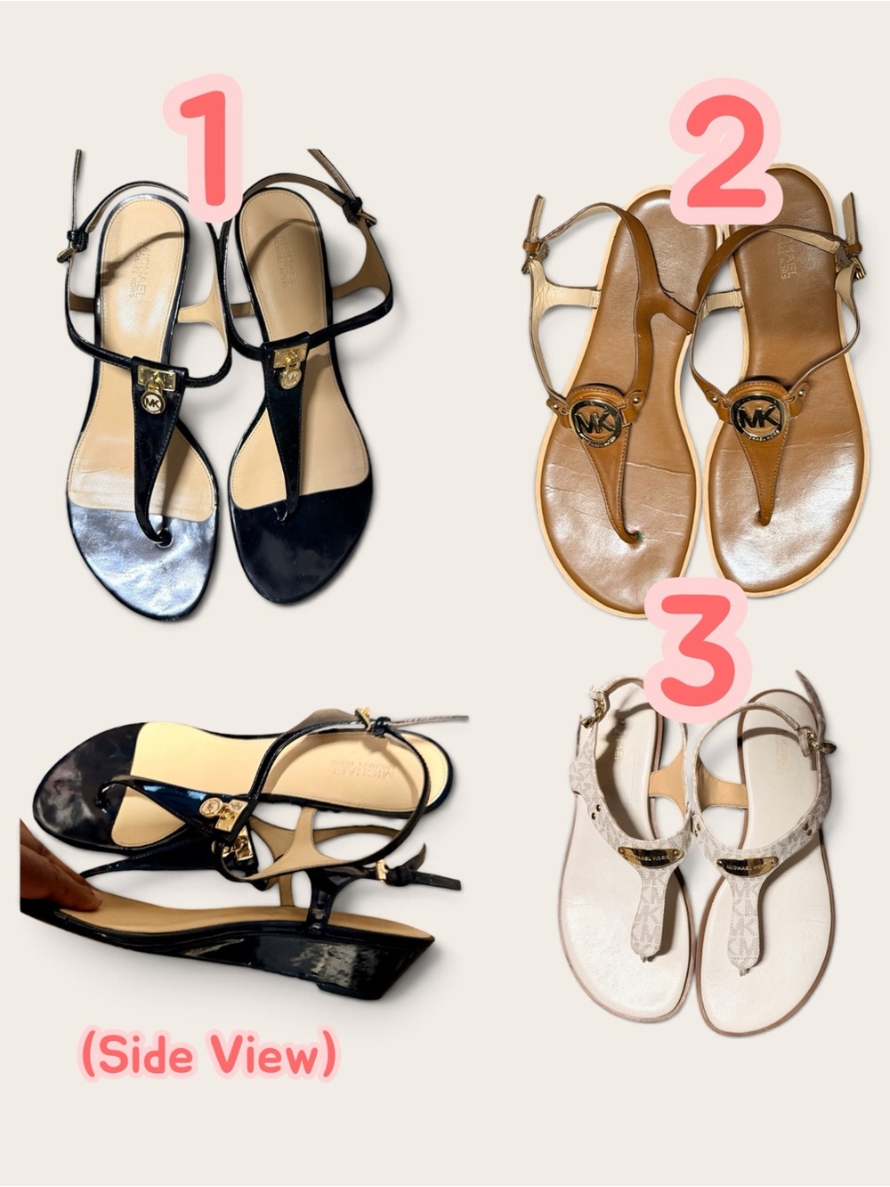 Michael Kors Sandal Bundle- Black Patent, Brown, and Cream T-Strap Trio